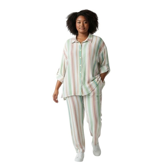 Woman Within Tops - Woman Within Plus Size 30/32 Linen Set 3X Striped Linen Shirt Pants‎ Top White C